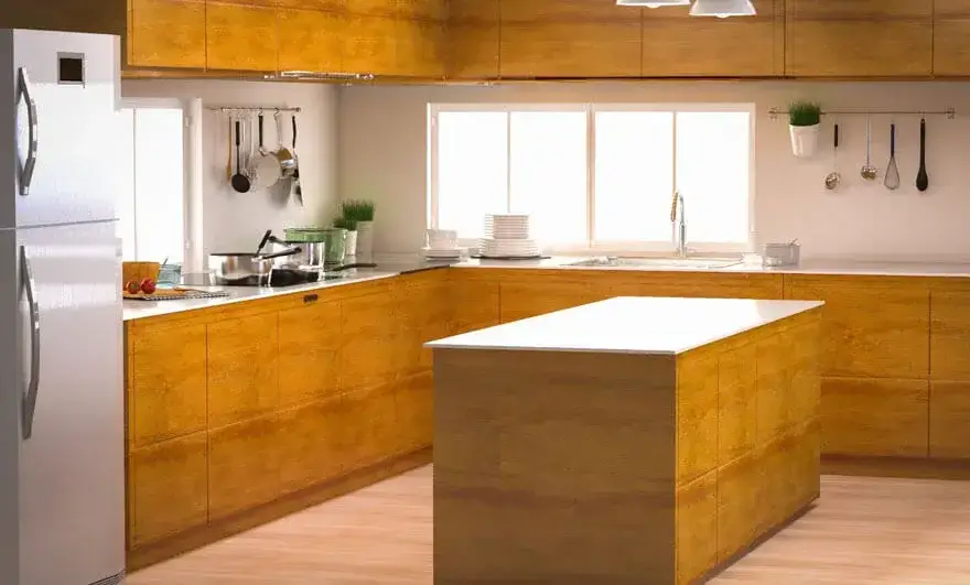  3D rendering of an island modular kitchen design featuring an empty counter, highlighting a spacious and modern kitchen layout with a central island.