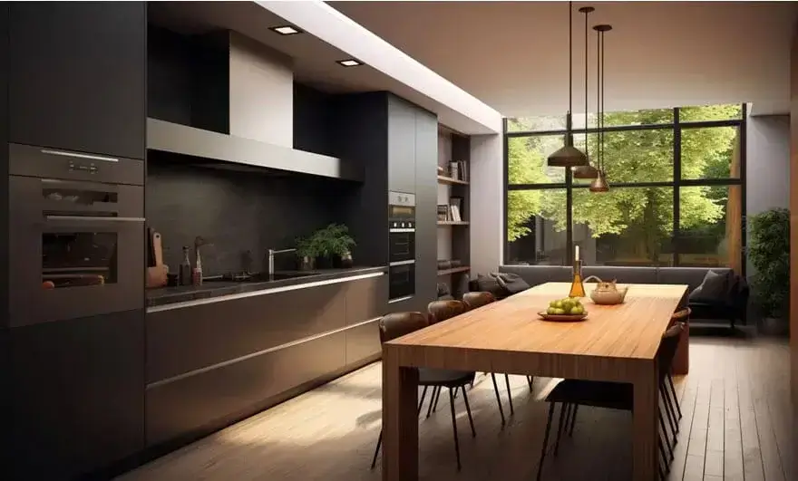 Beautiful kitchen interior design featuring an island modular layout with elegant cabinetry, modern fixtures, and a stylish central island.