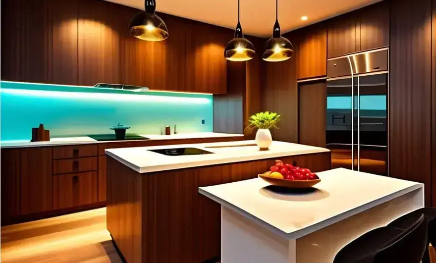  Charming island modular kitchen design featuring a stylish fruit bowl on the counter, with a modern layout and elegant cabinetry.