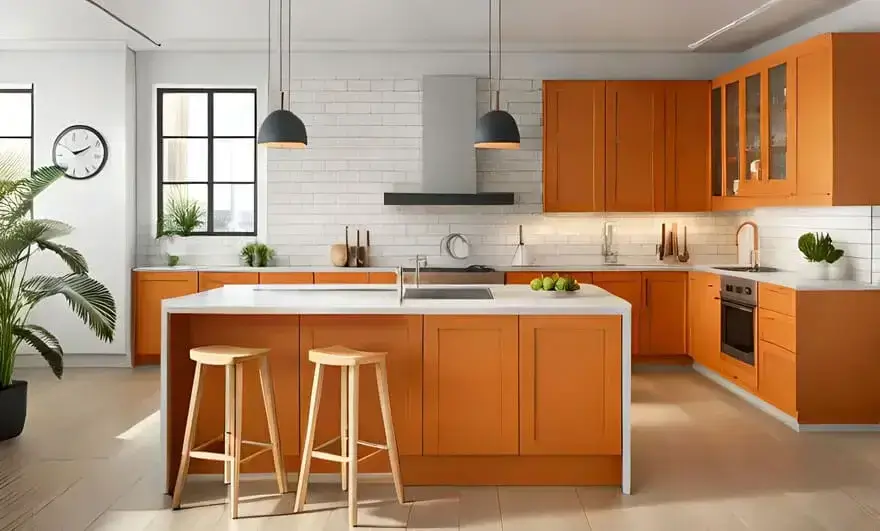 Vibrant island modular kitchen design featuring bold orange cabinets and a sleek white countertop, creating a striking contrast and modern aesthetic.