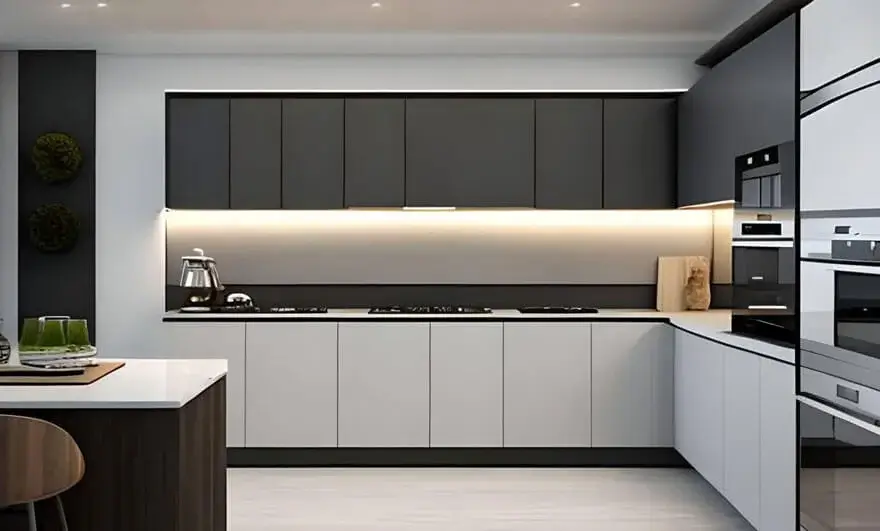 Modern L shape modular kitchen design featuring a sleek light gray interior, stylish cabinetry, and contemporary appliances for a clean and sophisticated look.