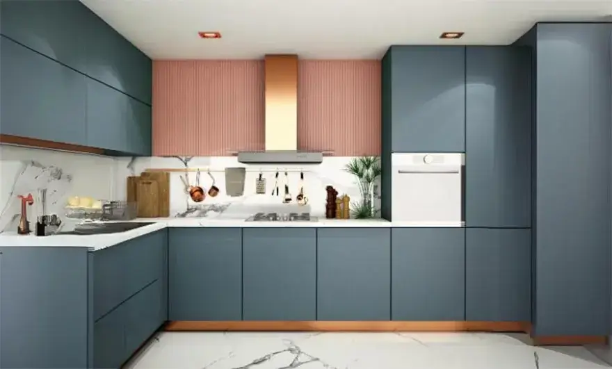 Elegant L shape modular kitchen design featuring contemporary cabinetry, a spacious layout, and modern fixtures for optimal functionality and style.