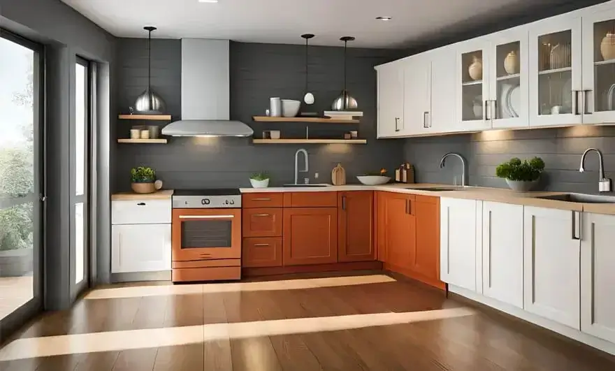 Vibrant L shape modular kitchen design featuring bold red cabinets, a sleek white stove, and a warm wooden floor, combining modern style with striking color contrasts.