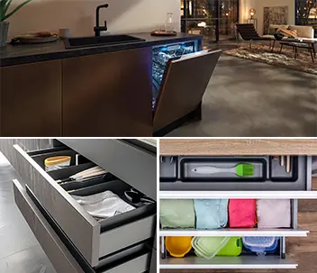 Modern modular kitchen with sleek appliances and storage solutions