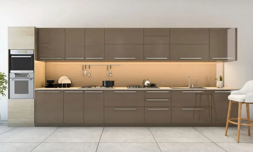 3D rendering of a straight modular kitchen design featuring a wooden finish and modern decor, showcasing sleek cabinetry and contemporary design elements.