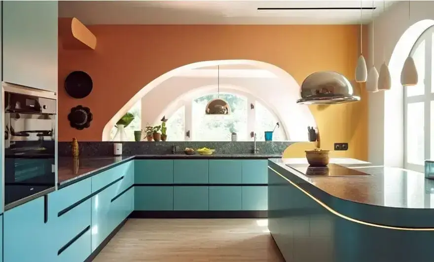 U shape modular kitchen design with vibrant blue cabinets and bold orange walls, creating a striking and functional space.