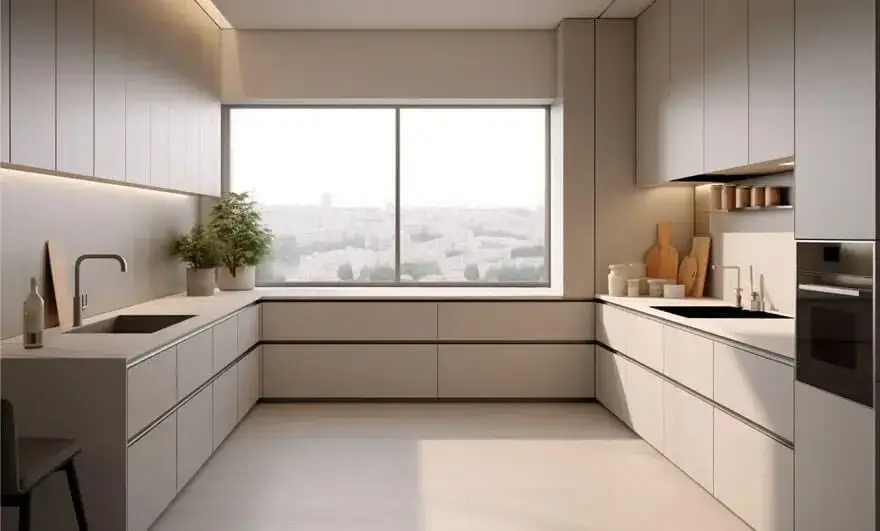  Modern U shape modular kitchen design optimized for a small space, featuring sleek cabinetry and efficient layout for maximum functionality.