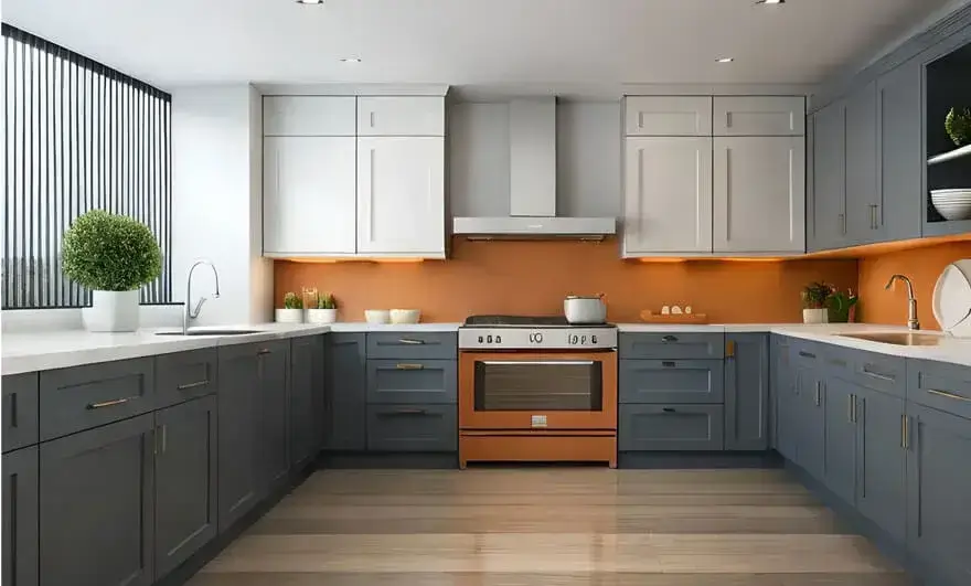 U shape modular kitchen design featuring a stove, microwave, and sink integrated into a functional and efficient layout with modern cabinetry.